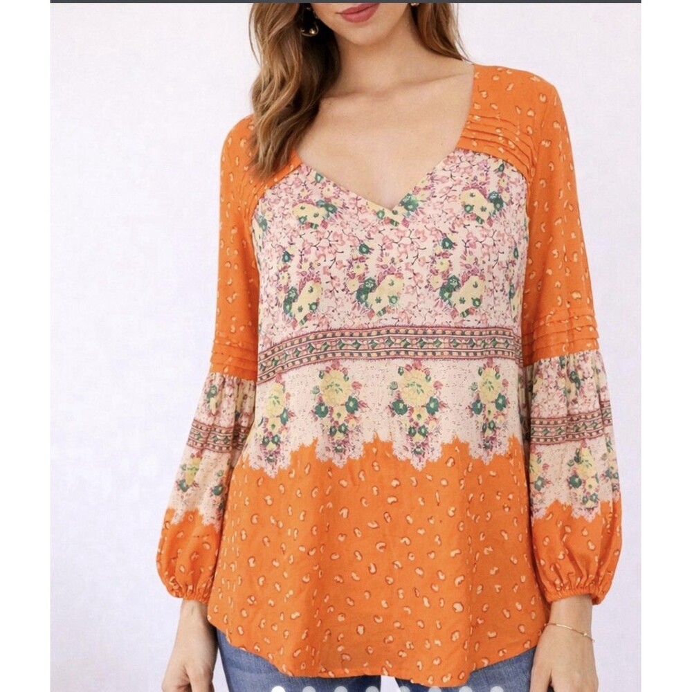 Maeve Ceresco Peasant Top Size Small Orange Floral Boho Blouse